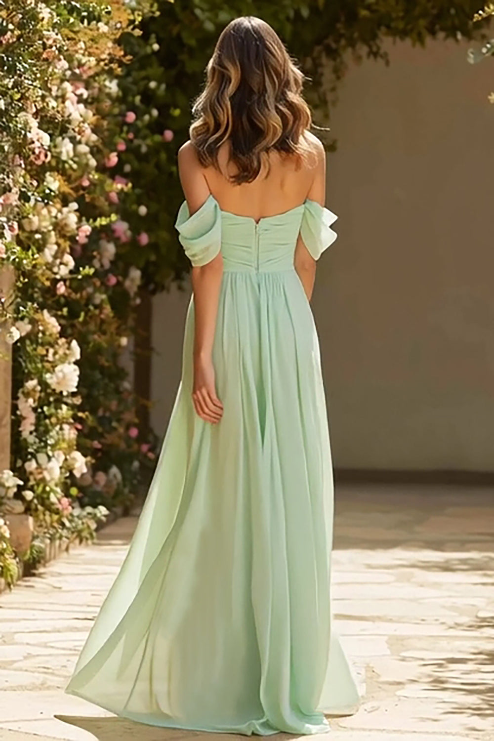 Dusty Sage Long Off the Shoulder A Line Bridesmaid Dress