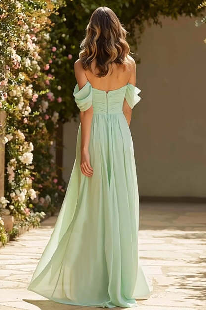 Dusty Sage Long Off the Shoulder A Line Bridesmaid Dress
