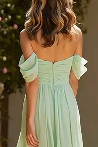 Dusty Sage Long Off the Shoulder A Line Bridesmaid Dress