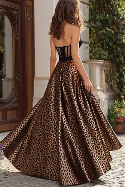 Brown Leopard Print A-Line Long Corset Prom Dress with Lace