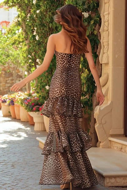Brown Leopard Print Mermaid Tiered Long Prom Dress with Slit