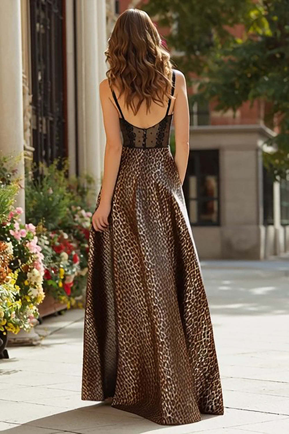 Brown Leopard Print A-Line Long Corset Prom Dress with Lace
