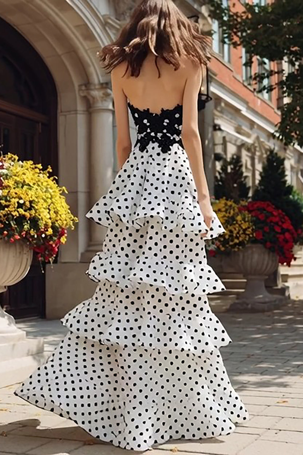 Black and White Polka Dots Ruffled Sweetheart Long Tiered Prom Dress with Slit
