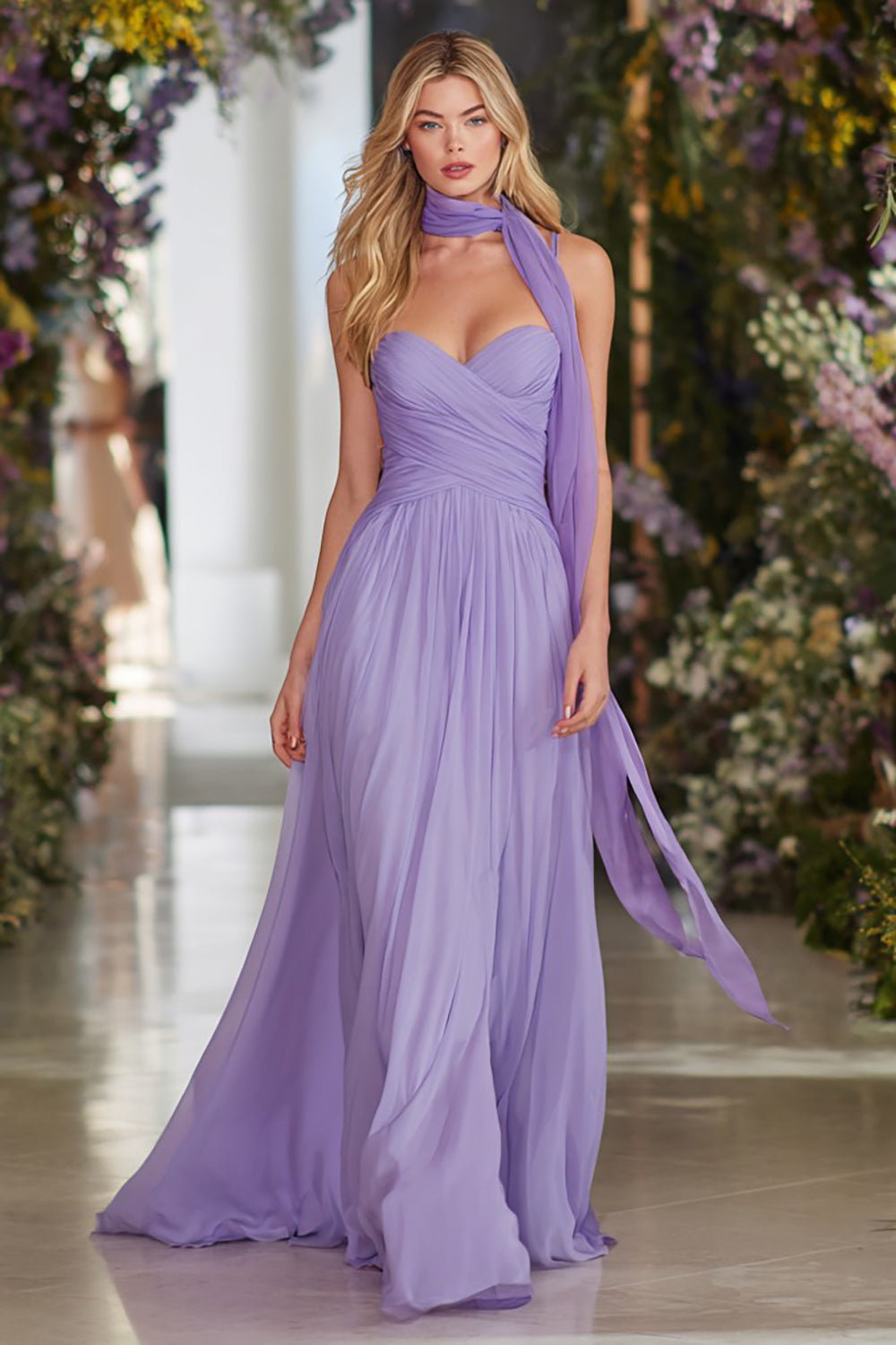 Leely Women Lilac Sweetheart Neck Scarf Long Prom Dress A Line Chiffon Ruched Formal Dress
