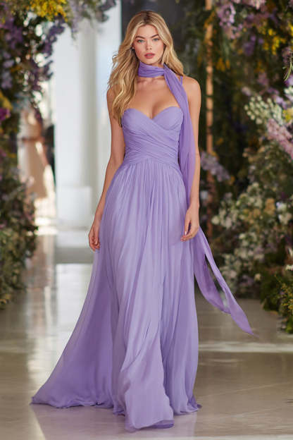 Leely Women Lilac Sweetheart Neck Scarf Long Prom Dress A Line Chiffon Ruched Formal Dress