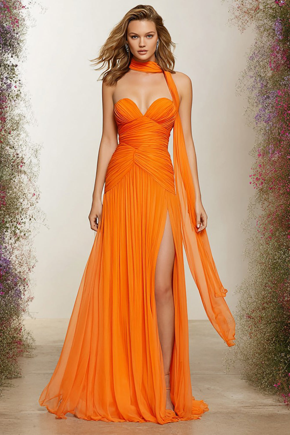 Orange Sweetheart A Line Ruched Neck Scarf Long Prom Dress