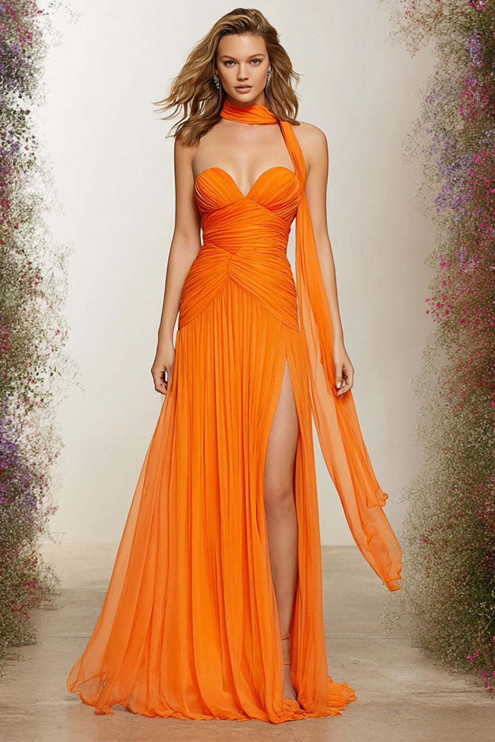 Leely Women Orange Neck Scarf Long Sweetheart Prom Dress Pleated Chiffon Formal Dress with Slit
