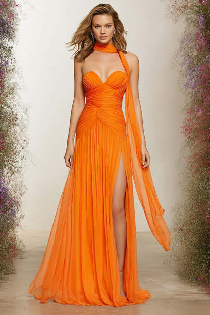 Leely Women Orange Neck Scarf Long Sweetheart Prom Dress Pleated Chiffon Formal Dress with Slit