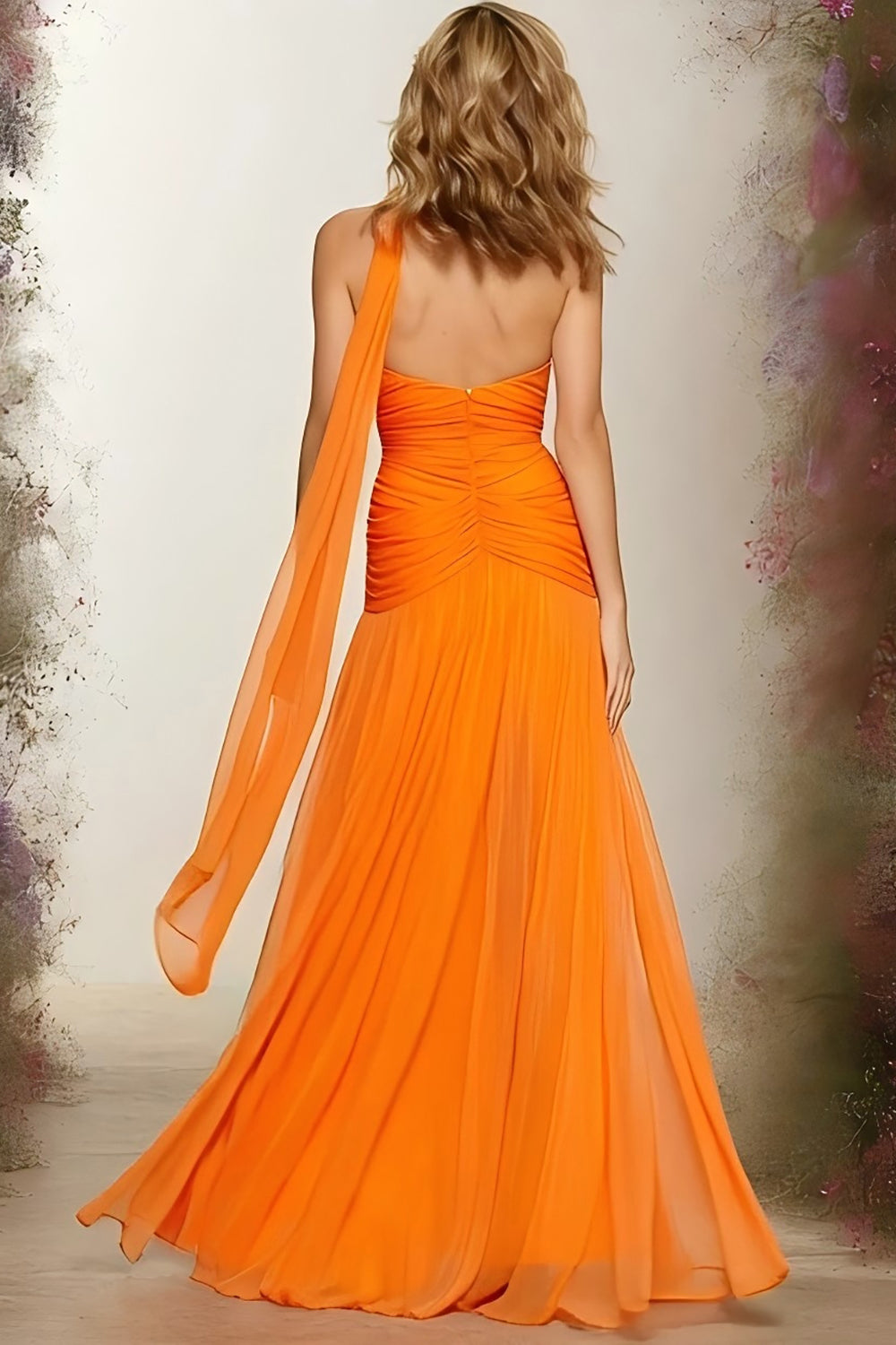 Orange Sweetheart A Line Ruched Neck Scarf Long Prom Dress