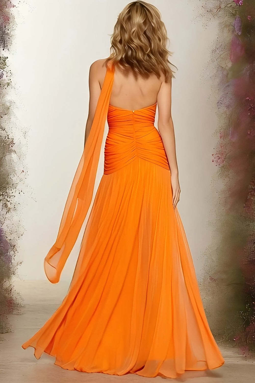 Orange Sweetheart A Line Ruched Neck Scarf Long Prom Dress