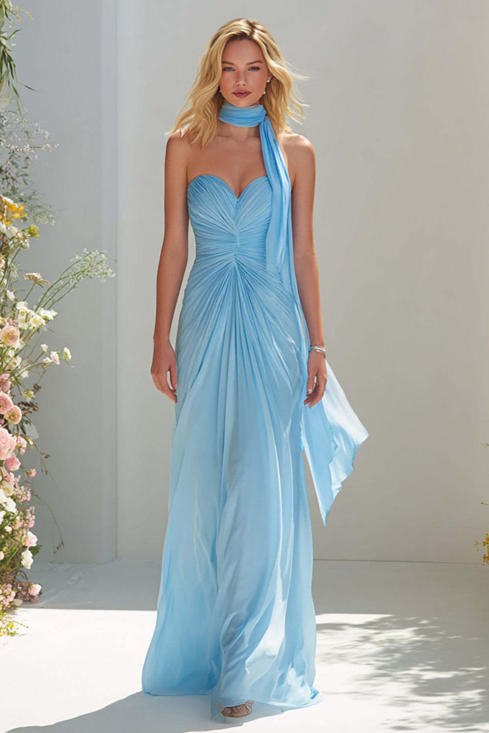 Leely Women Sky Blue Sweetheart Neck Scarf Maxi Prom Dress A Line Ruched Backless Chiffon Formal Dress