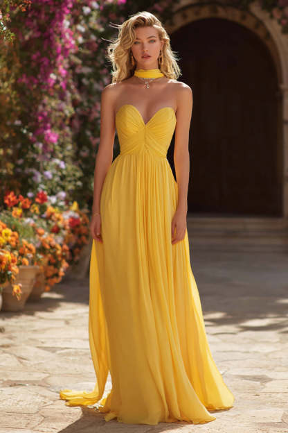 Leely Women Yellow Neck Scarf Maxi Prom Dress Sweetheart Chiffon Formal Dress