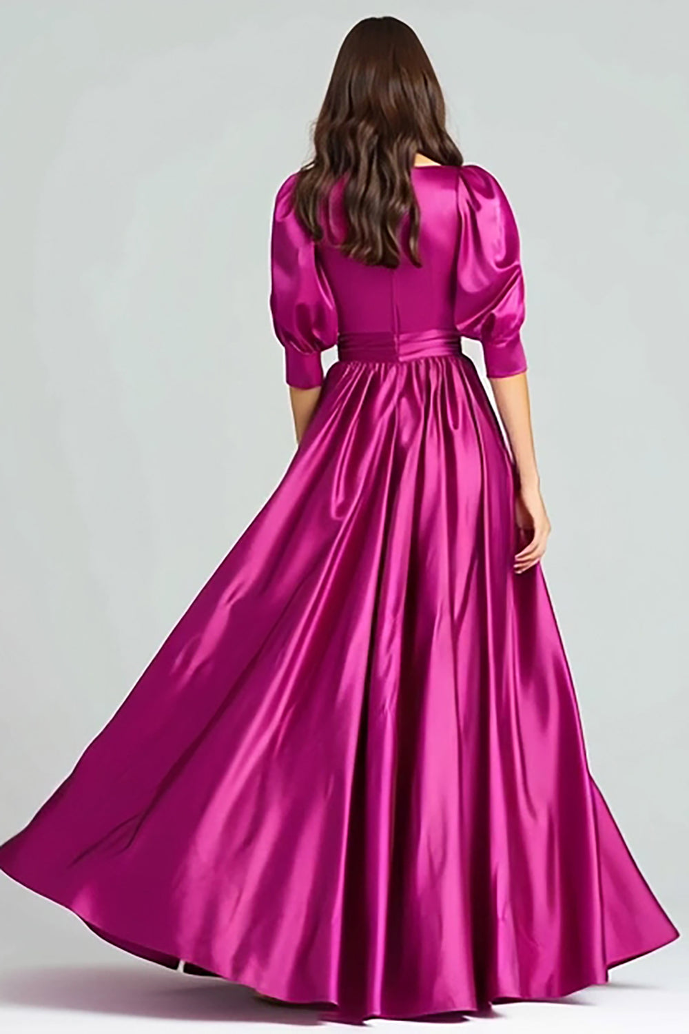 Fuchsia Bateau Neck A-Line Long Evening Dress with Sleeves