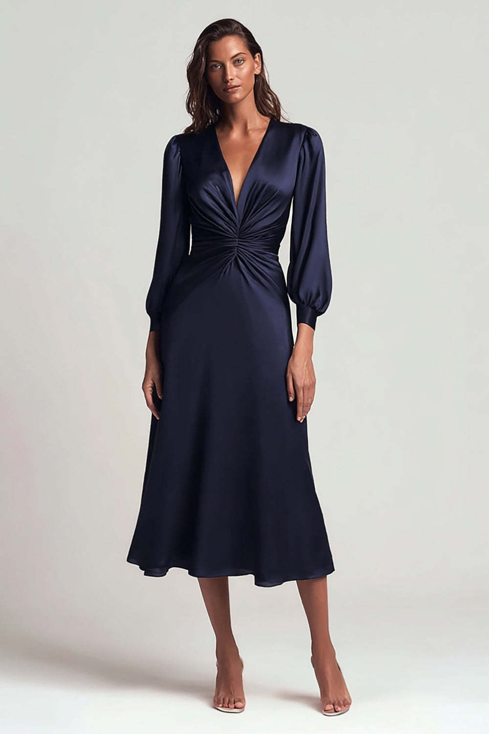 Leely Women Navy Satin Midi Work Dress with Sleeves Sheath Ruched V-Neck Backless Semi-Formal Dress