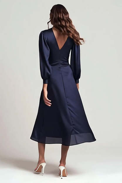 Navy V-Neck Backless Ruched Satin Midi Work Dress with Sleeves