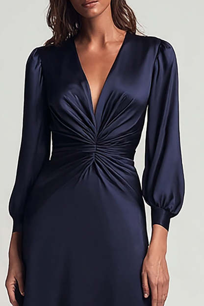 Navy V-Neck Backless Ruched Satin Midi Work Dress with Sleeves