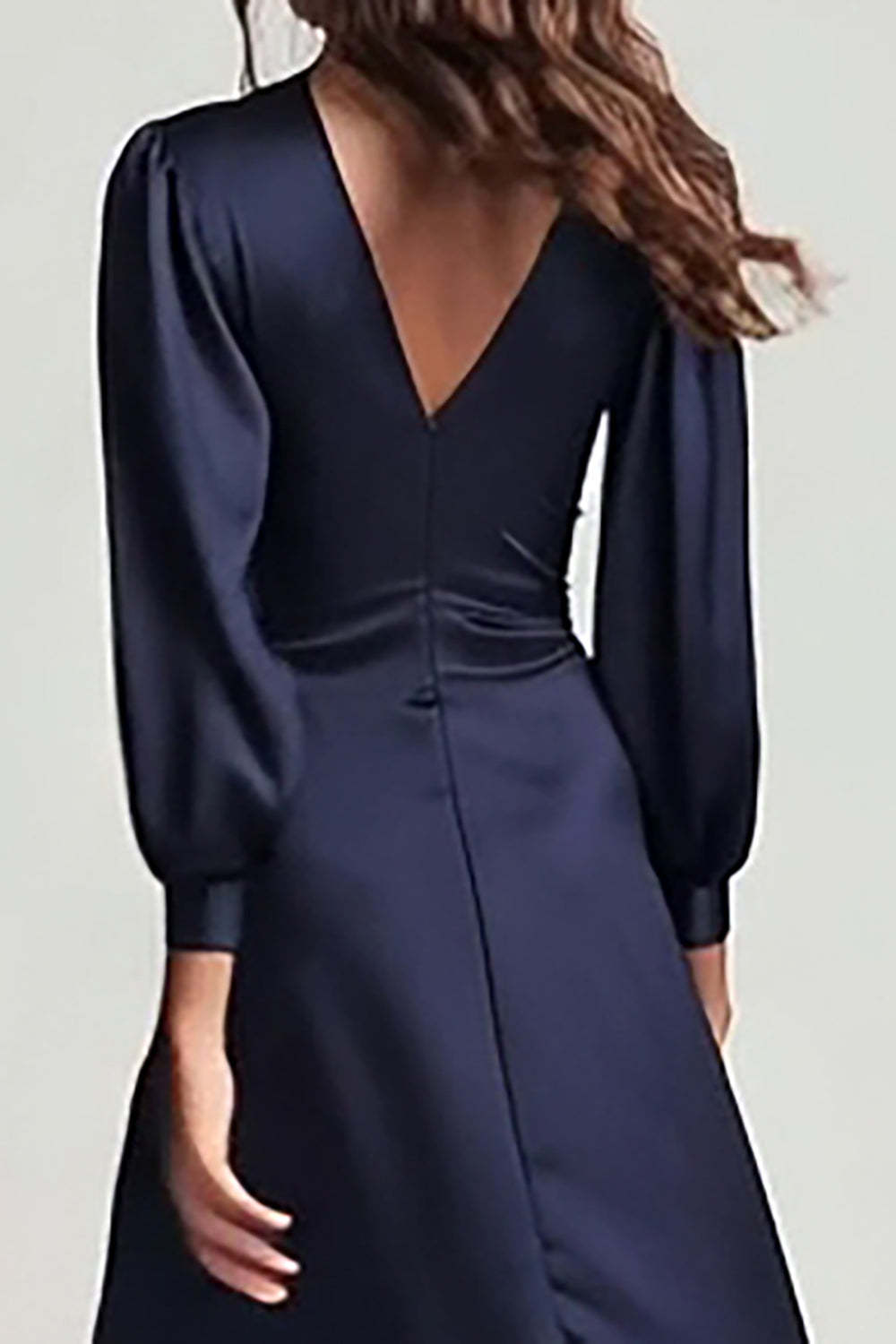 Navy V-Neck Backless Ruched Satin Midi Work Dress with Sleeves