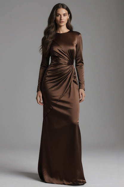 Leely Women Coffee Satin Long Sleeves Evening Dress Ruched Mermaid Crew Neck Formal Dress