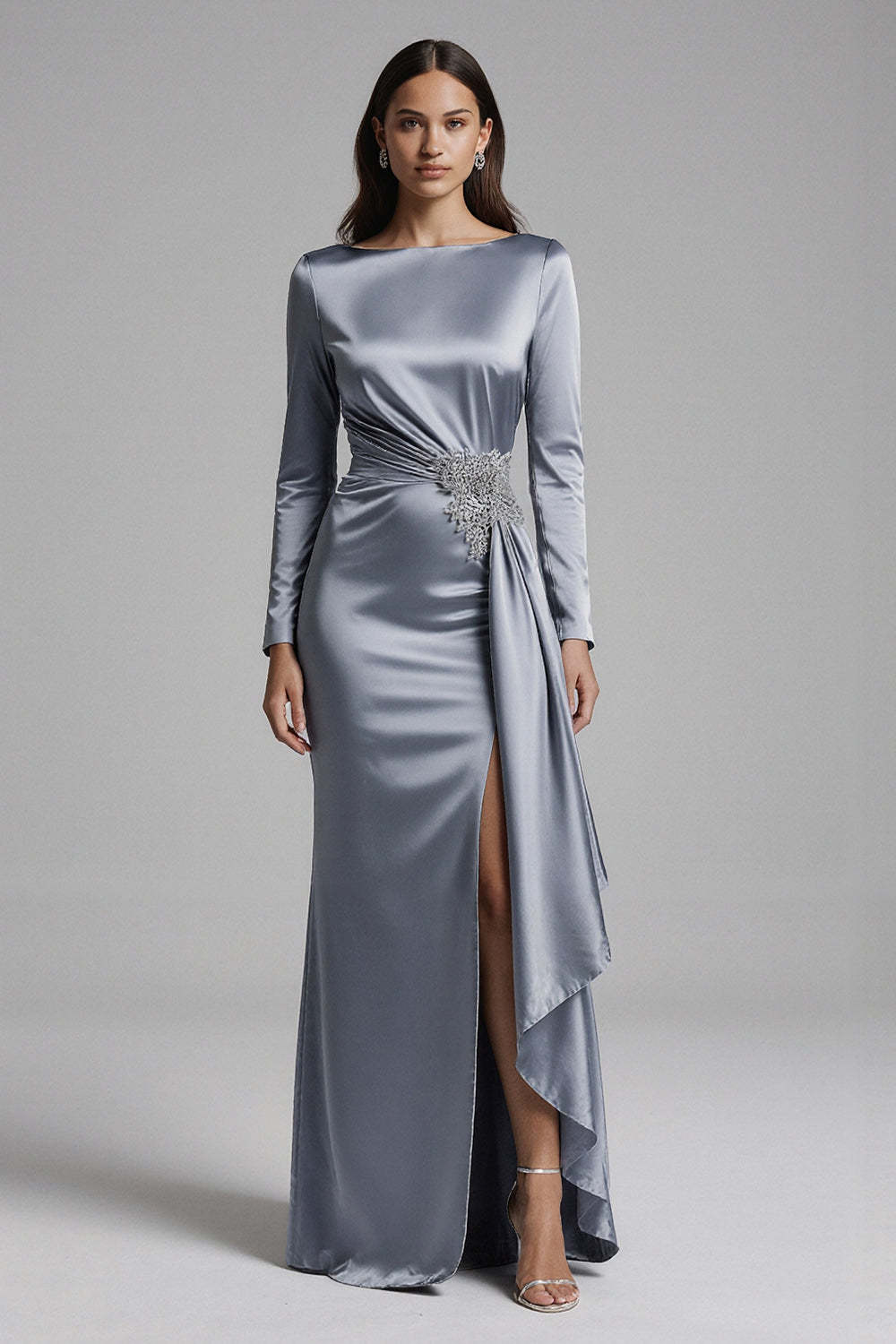 Leely Women Dusty Blue Mermaid Long Sleeves Evening Dress with Slit Ruched Satin Boat Neck Backless Formal Dress with Appliques