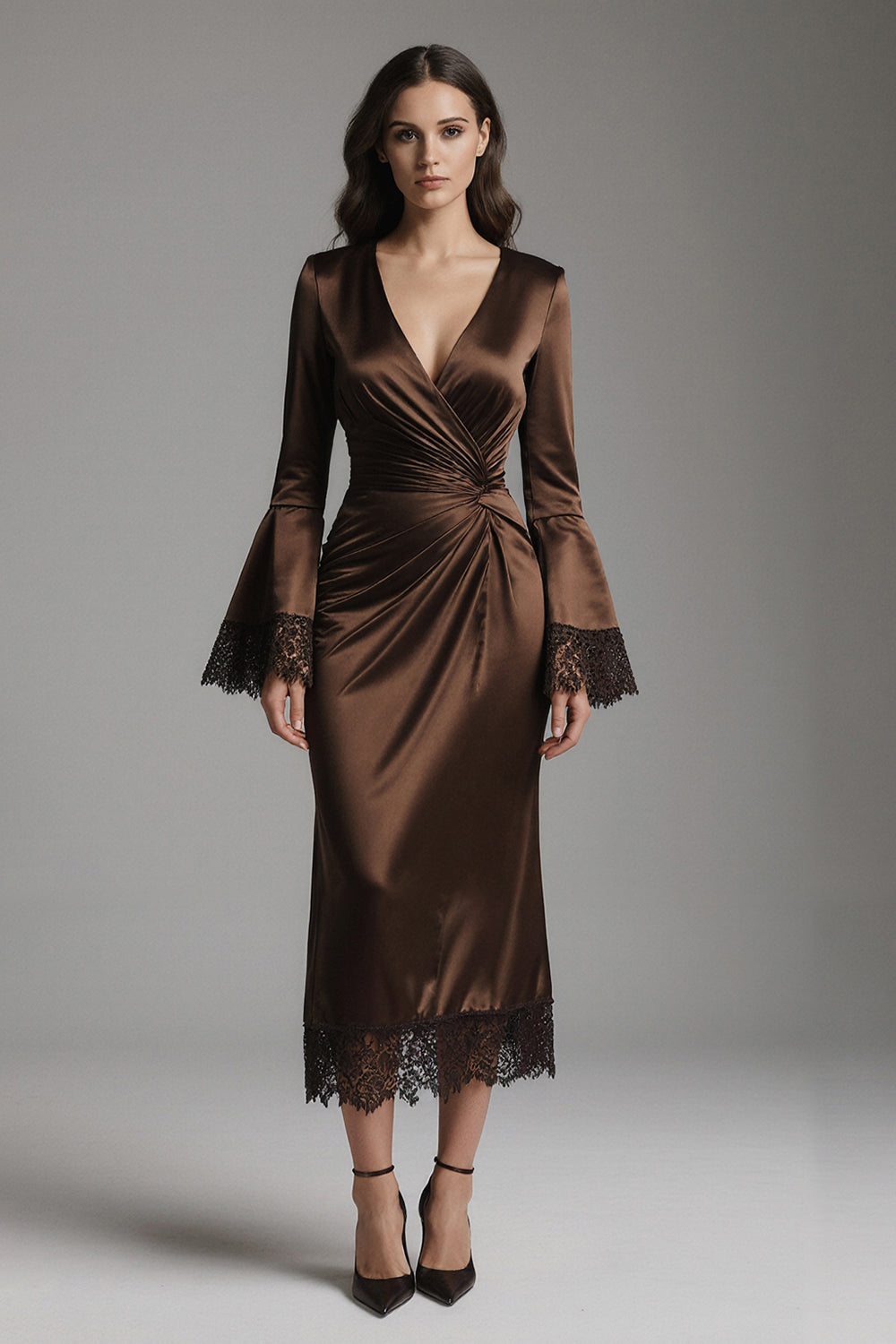 Leely Women Coffee Ruched Long Evening Dress with Lace V-Neck Mermaid Flare Sleeves Satin Formal Dress