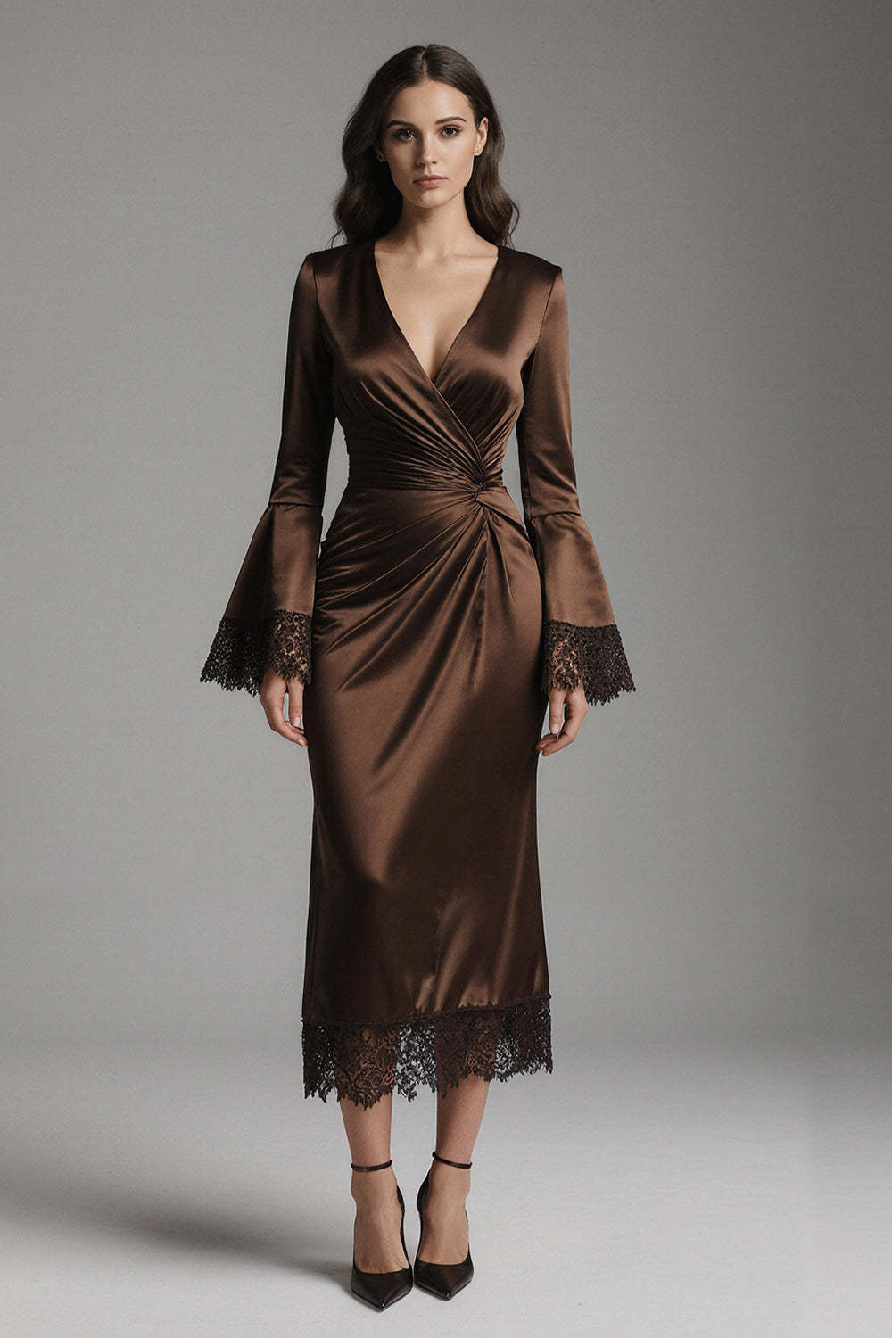 Leely Women Coffee Ruched Long Evening Dress with Lace V-Neck Mermaid Flare Sleeves Satin Formal Dress