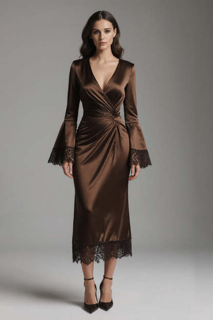 Leely Women Coffee Ruched Long Evening Dress with Lace V-Neck Mermaid Flare Sleeves Satin Formal Dress
