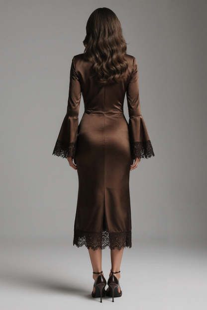 Coffee V-Neck Mermaid Long Evening Dress with Lace