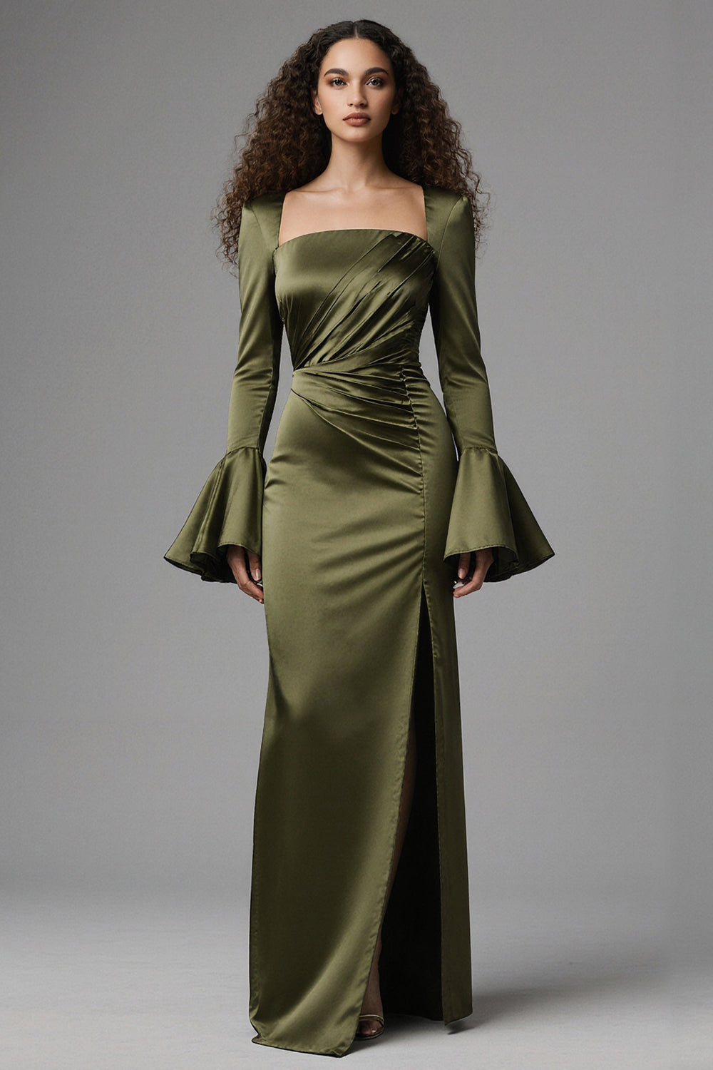Leely Women Olive Mermaid Maxi Evening Dress with Slit Satin Square Neck Flare Sleeves Ruched Backless Formal Dress