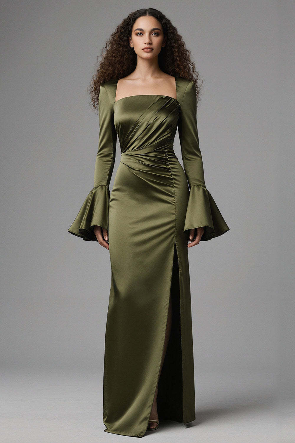 Leely Women Olive Mermaid Maxi Evening Dress with Slit Satin Square Neck Flare Sleeves Ruched Backless Formal Dress