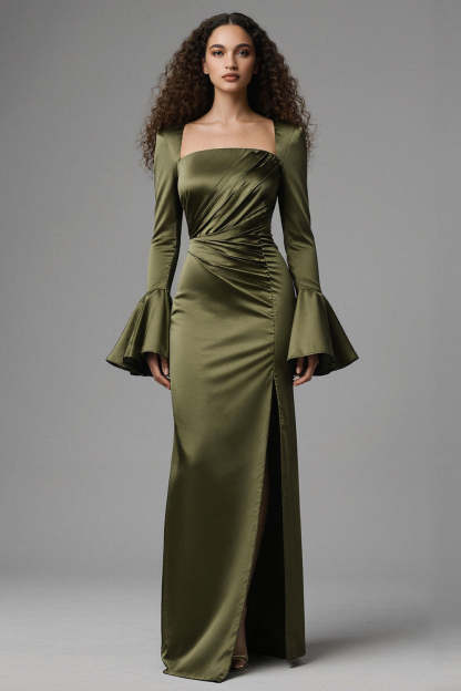 Leely Women Olive Mermaid Maxi Evening Dress with Slit Satin Square Neck Flare Sleeves Ruched Backless Formal Dress
