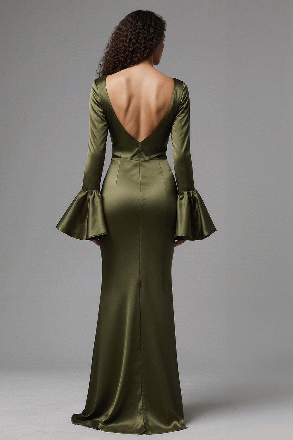 Olive Satin Mermaid Flare Sleeves Long Evening Dress with Slit