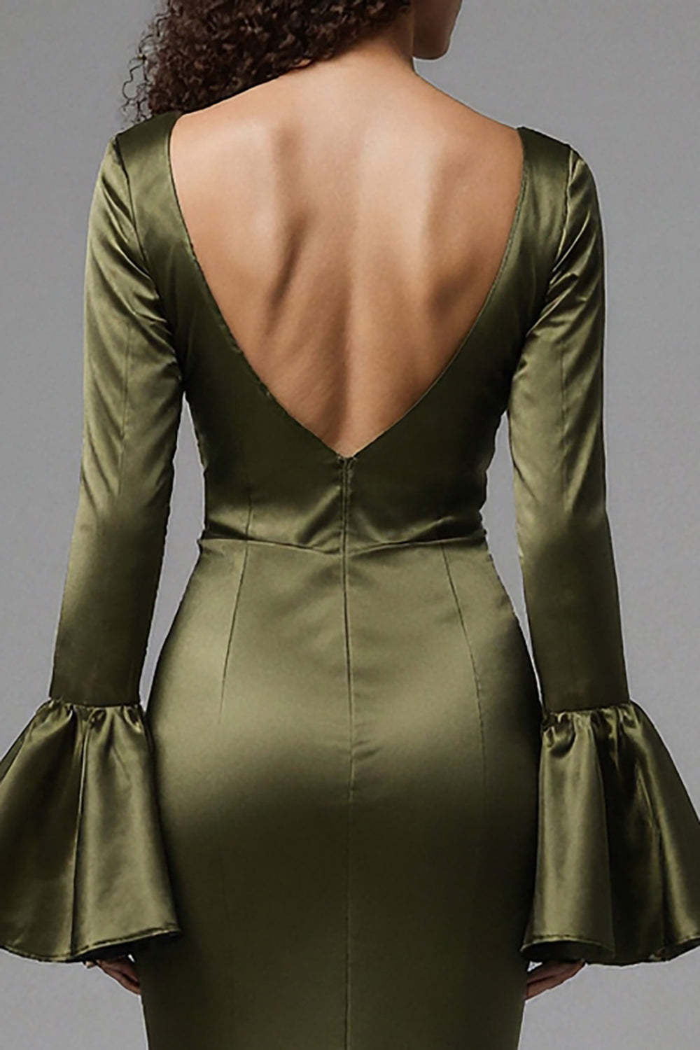 Olive Satin Mermaid Flare Sleeves Long Evening Dress with Slit