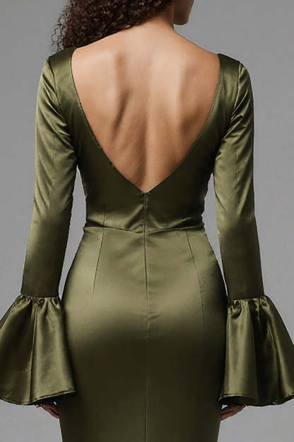 Olive Satin Mermaid Flare Sleeves Long Evening Dress with Slit