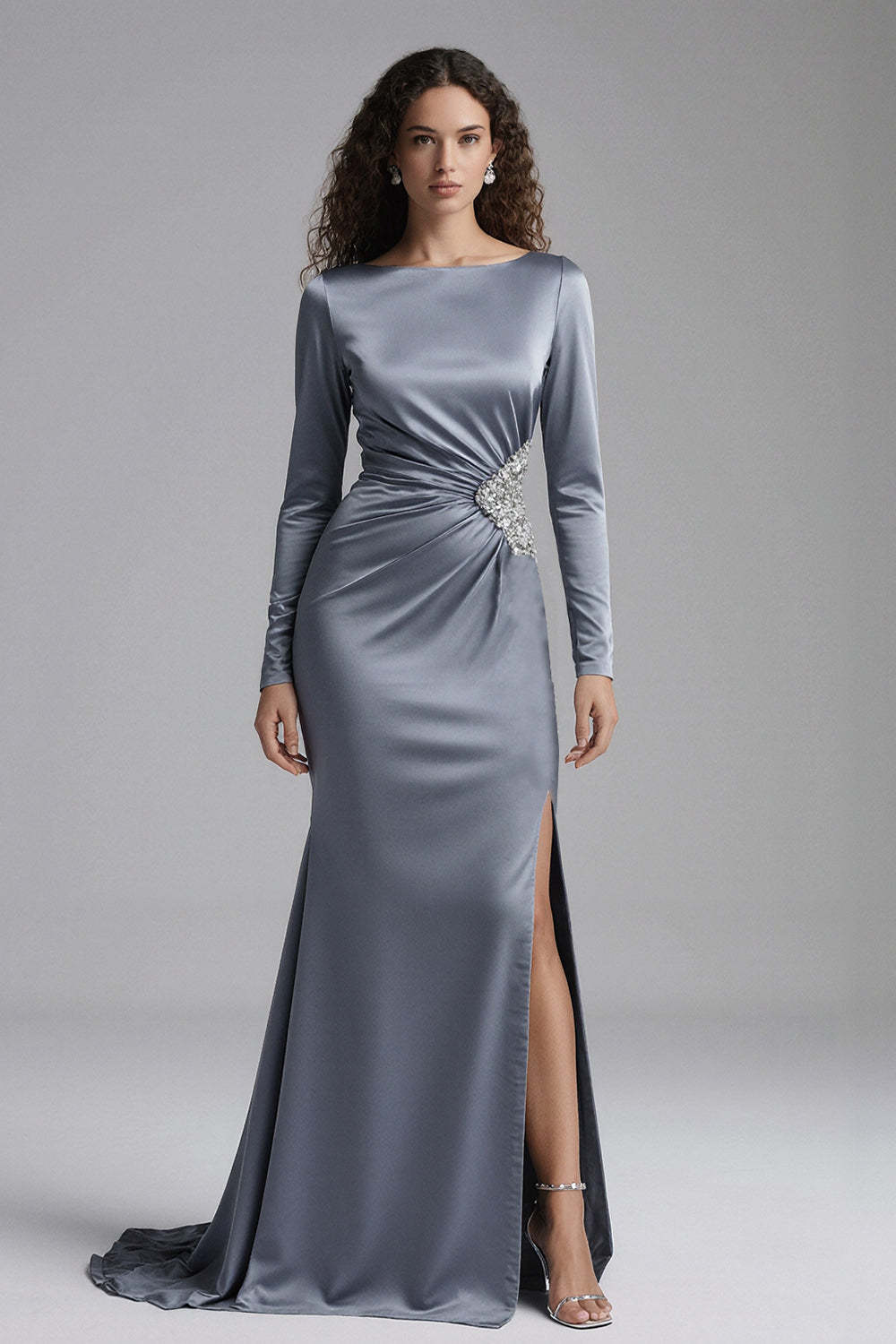 Leely Women Sparkly Dusty Blue Long Sleeves Evening Dress with Slit Mermaid Boat Neck Backless Satin Ruched Formal Dress with Beading