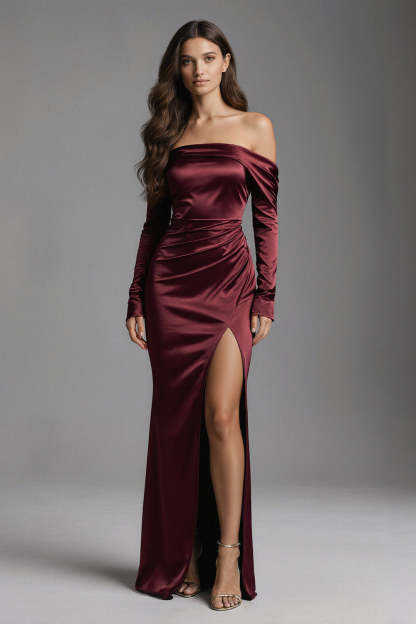 Leely Women Burgundy Mermaid Maxi Evening Dress with Slit Ruched Off the Shoulder Satin Backless Formal Dress