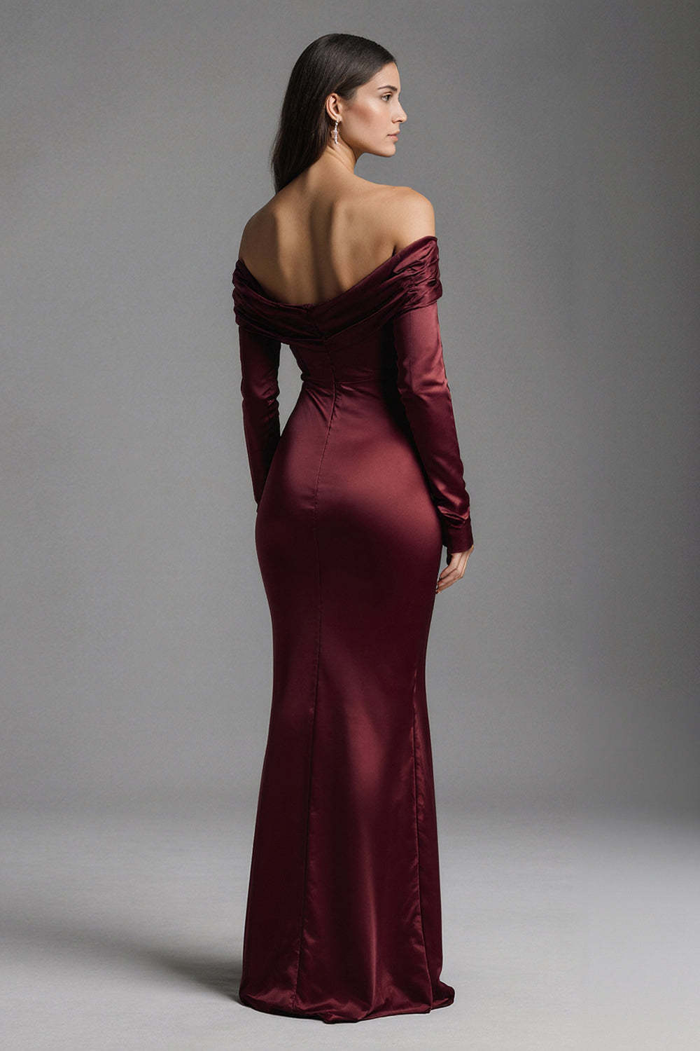 Burgundy Mermaid Off the Shoulder Long Ruched Evening Dress with Slit