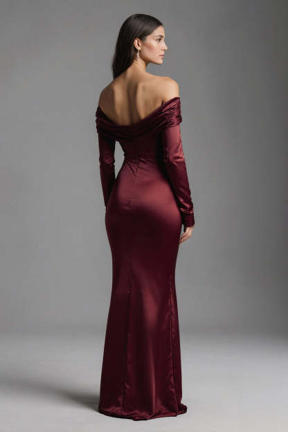 Burgundy Mermaid Off the Shoulder Long Ruched Evening Dress with Slit