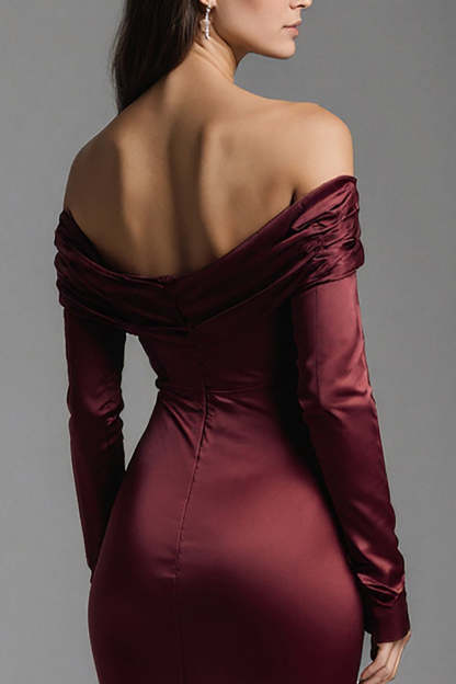 Burgundy Mermaid Off the Shoulder Long Ruched Evening Dress with Slit
