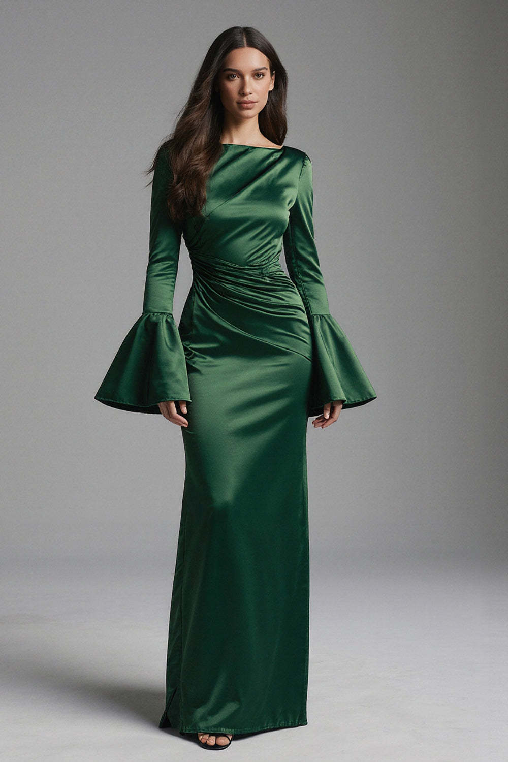 Leely Women Dark Green Mermaid Long Evening Dress Flare Sleeves Bateau Neck Satin Backless Formal Dress