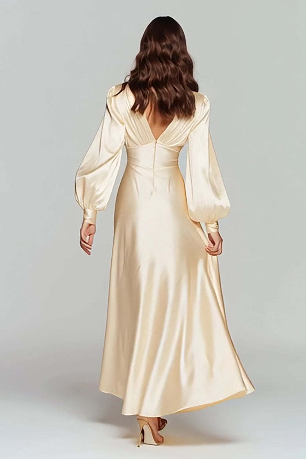 Champagne V-Neck Backless Satin Long Sleeves Evening Dress