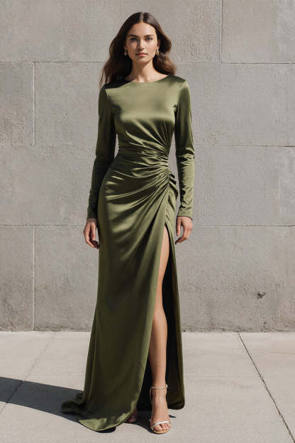 Leely Women Olive Satin Long Sleeves Evening Dress with Slit Boat Neck Mermaid Ruched Formal Dress