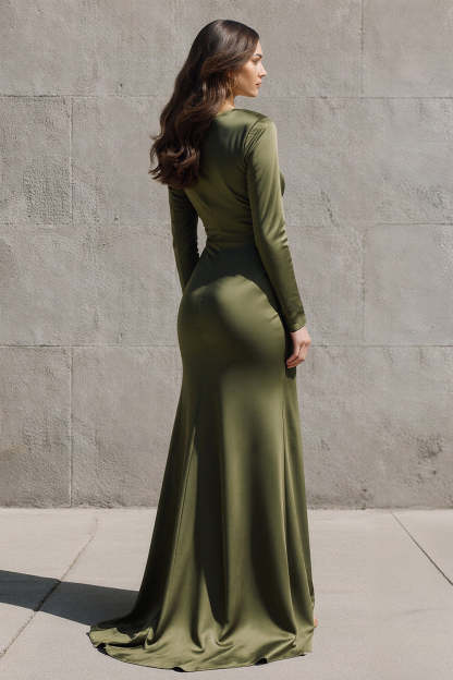 Olive Boat Neck Mermaid Long Sleeves Satin Evening Dress with Slit