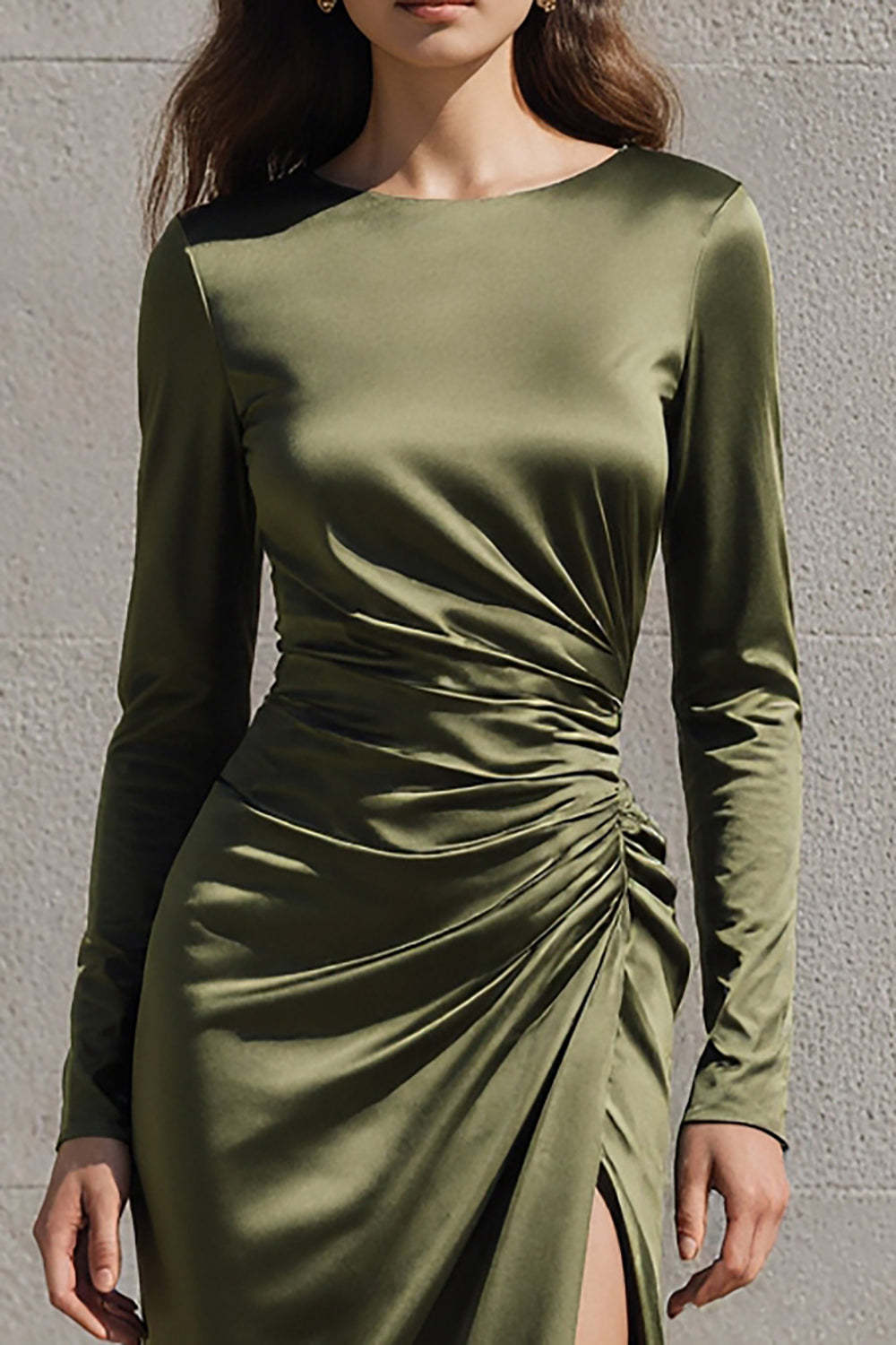 Olive Boat Neck Mermaid Long Sleeves Satin Evening Dress with Slit