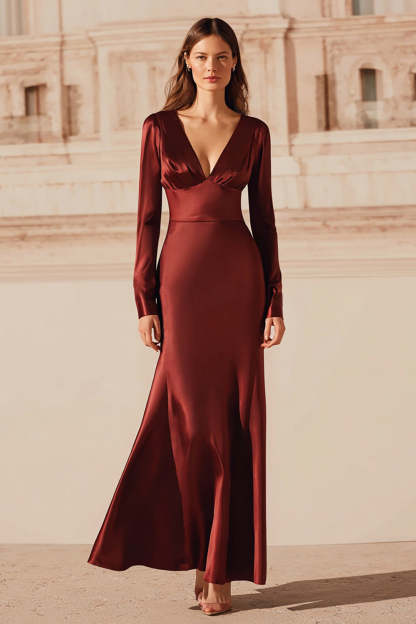 Leely Women Burgundy Satin Backless Long Sleeves Evening Dress Mermaid V-Neck Formal Dress