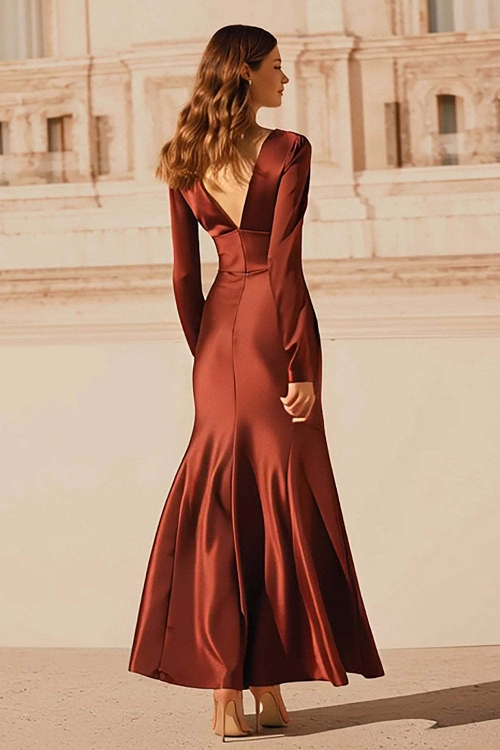 Burgundy Mermaid Satin V-Neck Long Evening Dress with Sleeves