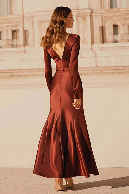 Burgundy Mermaid Satin V-Neck Long Evening Dress with Sleeves