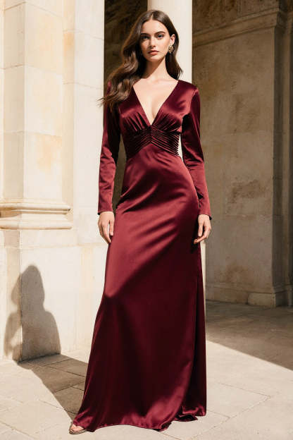 Leely Women Burgundy Satin Long Evening Dress V-Neck Mermaid Long Sleeves Formal Dress