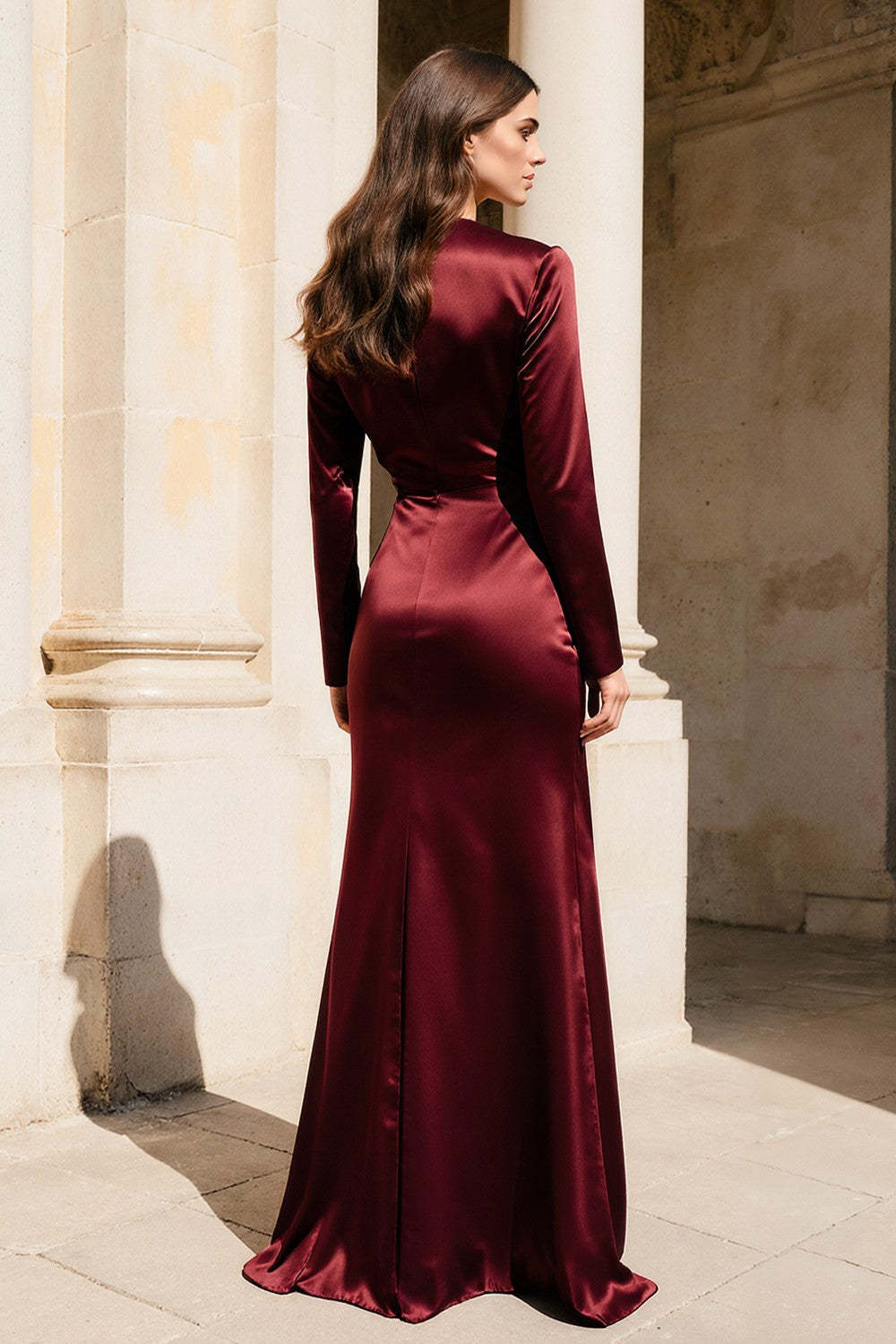 Burgundy Satin V-Neck Long Sleeves Mermaid Evening Dress
