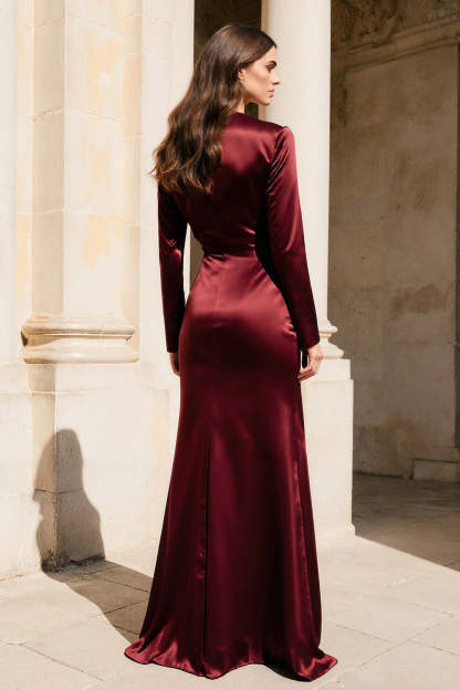 Burgundy Satin V-Neck Long Sleeves Mermaid Evening Dress