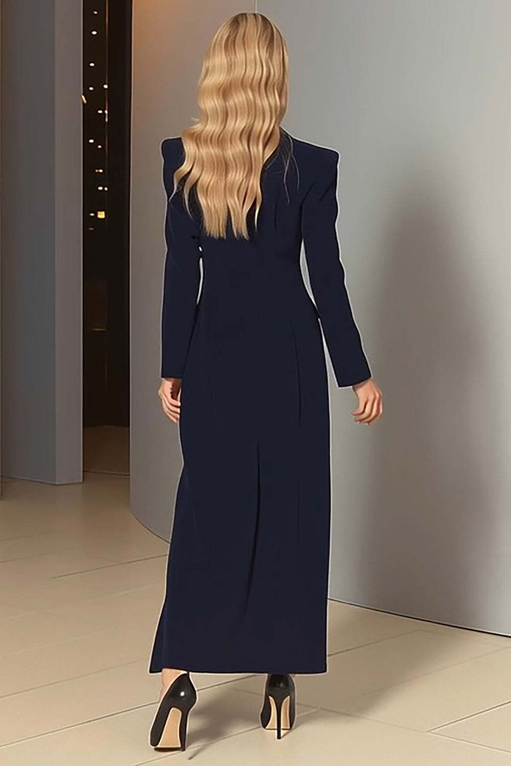 Navy Single Breasted Peak Lapel Long Sheath Blazer Dress with Slit
